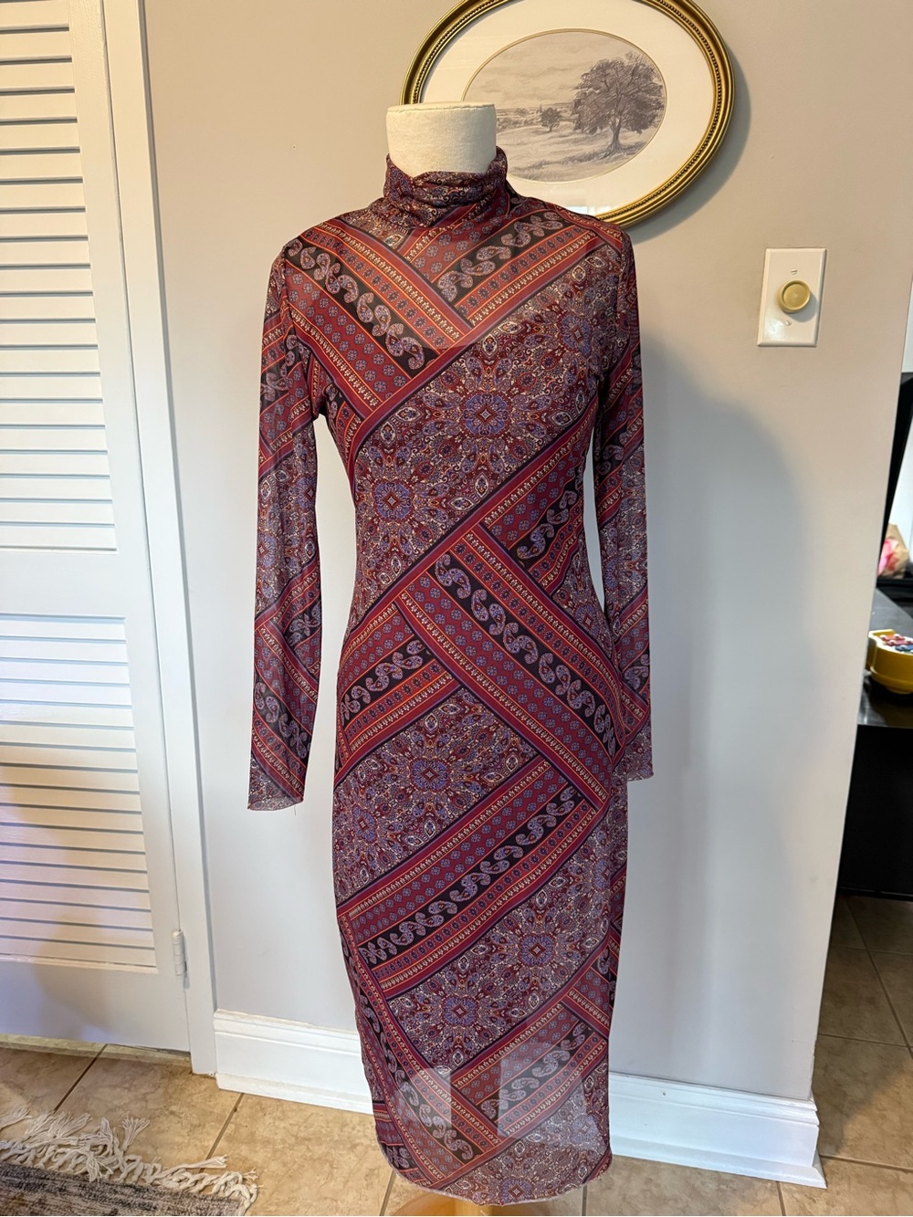 Steve Madden Vivienne Paisley Mesh Turtleneck Midi Dress M
